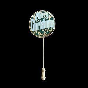 Vintage Centennia Enamel Lapel Pin Merry Christmas Green Gold Signed Stick Pin